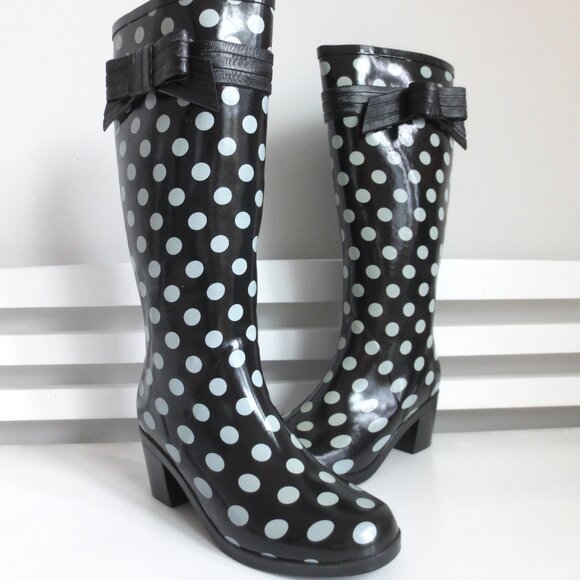 NWOB KATE SPADE RANDI POLKA DOT RAIN BOOTS BLACK Sz-7.5 - Picture 2 of 8